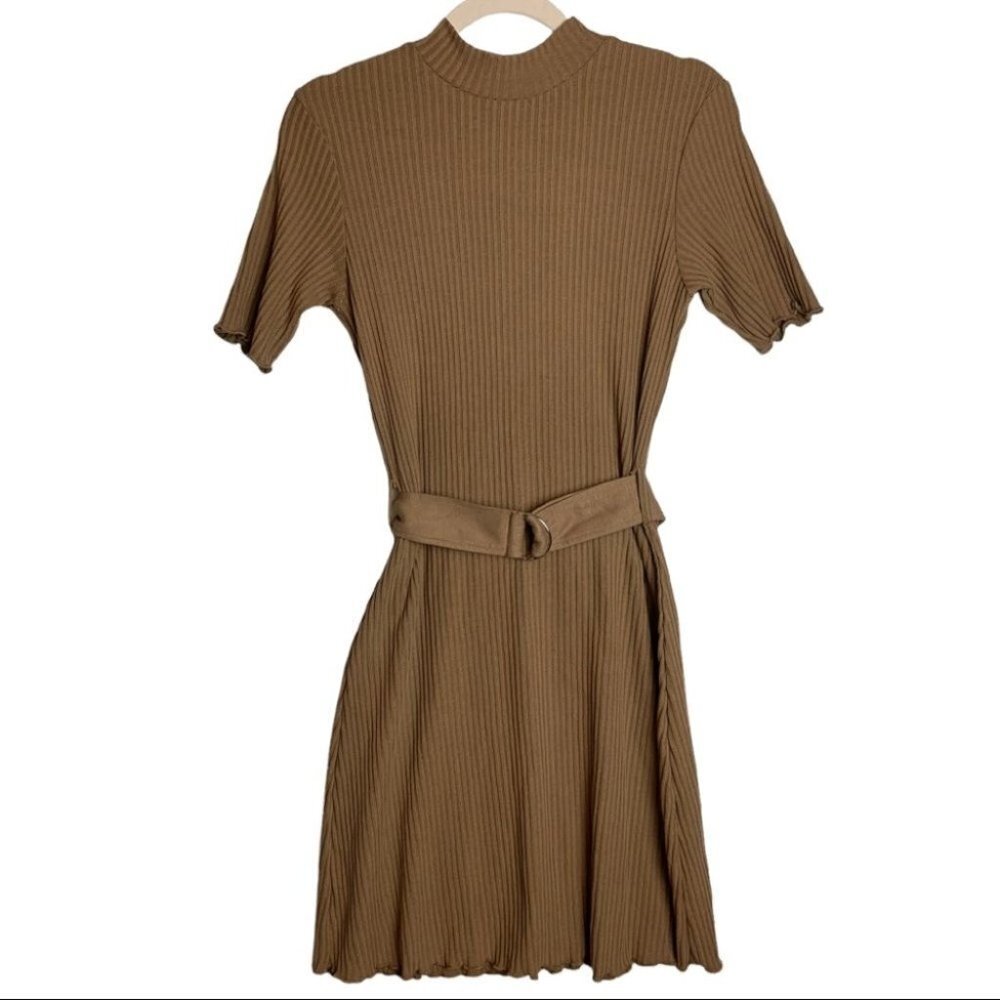 Simons Ribbed Belted Bodycon Dress Neutral  Tan Brown Size Medium Autumn Fall
